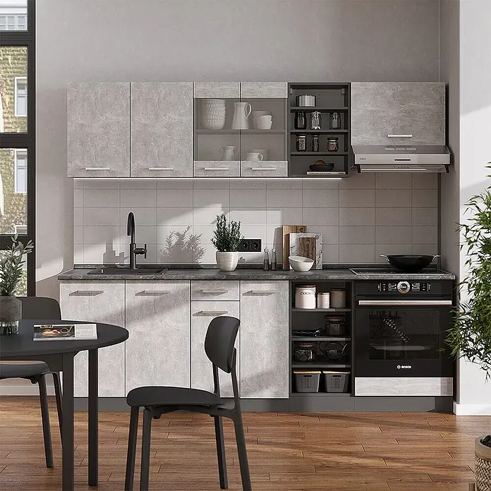 Vicco Küchenzeile R-Line Beton/Anthrazit, AP Eiche - Beton, Ohne Elektrogeräte - Moderne hellgraue Küchenschränke in Betonoptik mit dunkelgrauen Arbeitsplatten, integrierter Spüle, Herd und Backofen.