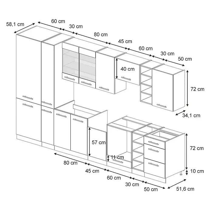 Vicco Küchenzeile Fame-Line Goldkraft Eiche ohne Arbeitsplatte - Goldkraft Eiche, Ohne Elektrogeräte - Technisches Diagramm eines modularen Küchenschranksystems mit detaillierten Maßen für alle Einheiten.