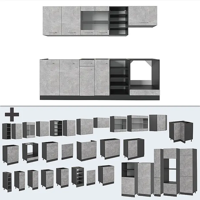 Vicco Küchenzeile R-Line Beton/Anthrazit, AP Eiche - Beton, Ohne Elektrogeräte - Modulare Küchenschränke in hellem Grau mit Steinoptik und dunklen Akzenten, inklusive Ober-, Unter- und Hochschränken.