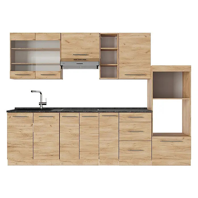 Vicco Küchenzeile Fame-Line Goldkraft Eiche, AP Anthrazit - Breite: 280 cm, Goldkraft Eiche, Ohne Elektrogeräte - Helle Holzküche mit schwarzer Arbeitsplatte, silbernen Griffen, Spüle, Kochfeld und Dunstabzugshaube.
