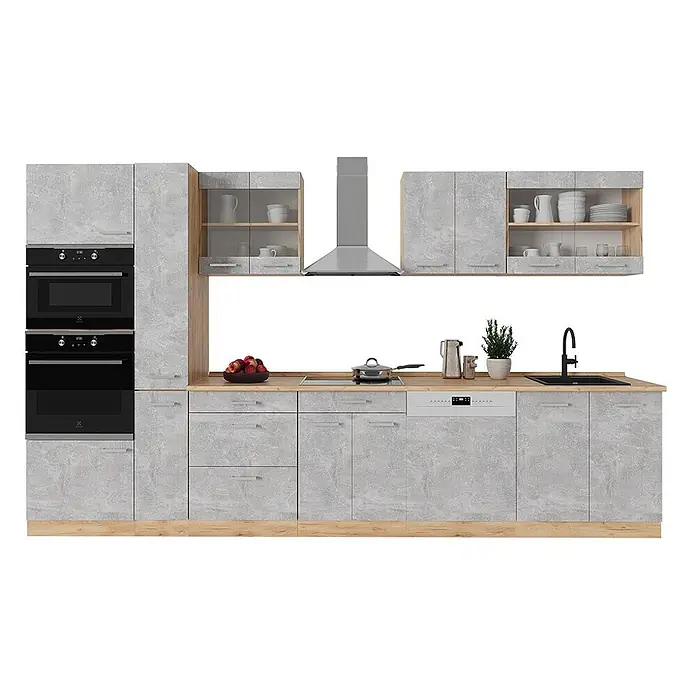 Vicco Küchenzeile R-Line Beton/Goldkraft Eiche, AP Eiche - Breite: 350 cm, Beton, Ohne Elektrogeräte - Moderne Küchenzeile mit hellgrauen Strukturschränken, hellen Holz-Arbeitsplatten und integrierten Geräten.
