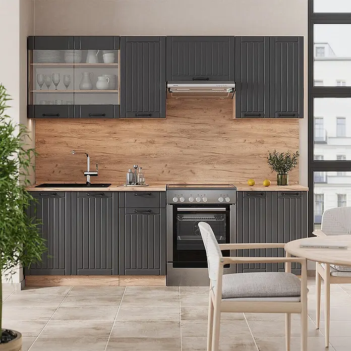 Vicco Küchenzeile Fame-Line Dunkelgrau, AP Eiche - Dunkelgrau, Ohne Elektrogeräte - Dunkelgraue Küchenschränke mit Holzoptik-Arbeitsplatte und Rückwand, inklusive integrierter Geräte und oberen Vitrinenschränken.