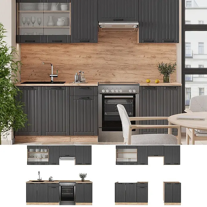 Vicco Küchenzeile Fame-Line Dunkelgrau, AP Eiche - Dunkelgrau, Ohne Elektrogeräte - Dunkelgraue Küche mit geriffelten Fronten, Arbeitsplatte und Spritzschutz aus Holz, mit Spüle und Backofen.
