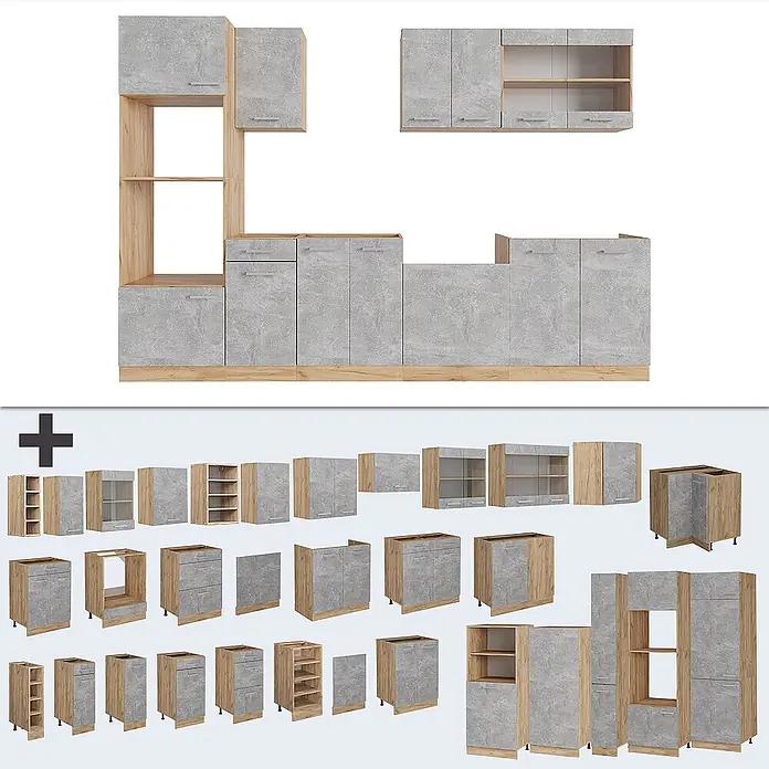 Vicco Küchenzeile R-Line Beton/Goldkraft Eiche mit Hochschrank, ohne Arbeitsplatte - Beton, Ohne Elektrogeräte - Modulare Küchenschränke in Betonoptik Grau mit hellen Holzdetails.