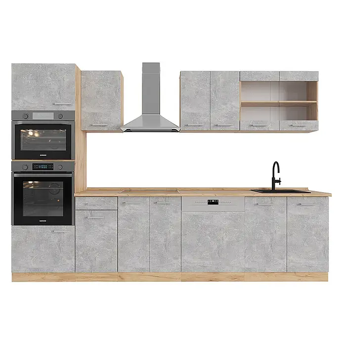 Vicco Küchenzeile R-Line Beton/Goldkraft Eiche mit Hochschrank, AP Eiche - Breite: 300 cm, Beton, Ohne Elektrogeräte - L-förmige Küche: graue Betonoptik-Schränke, Holzoberflächen. Mit Einbauöfen, Dunstabzugshaube, Spüle, Geschirrspüler.