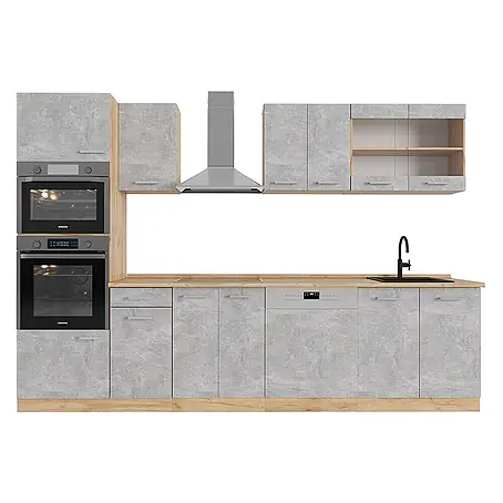 Vicco  Küchenzeile R-Line Beton/Goldkraft Eiche mit Hochschrank, AP Eiche