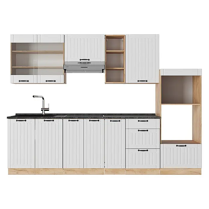 Vicco Küchenzeile Fame-Line Weiß Landhaus ohne Arbeitsplatte - Weiß Landhaus, Ohne Elektrogeräte - Weiße Küchenzeile mit gerillten Fronten, dunkler Arbeitsplatte, hellen Holzdetails, schwarzen Griffen, Spüle und Dunstabzugshaube.