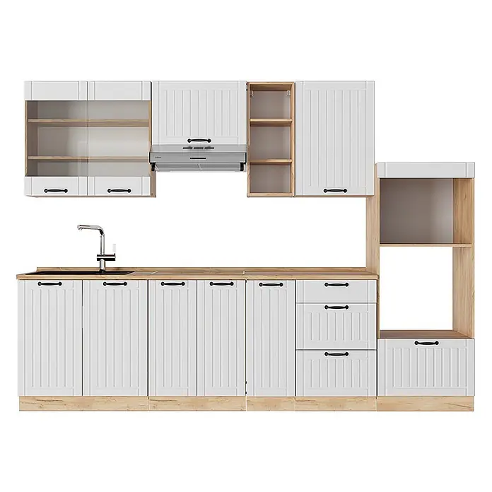 Vicco Küchenzeile Fame-Line Weiß Landhaus, AP Eiche - Weiß Landhaus, Ohne Elektrogeräte - Weiße Küchenzeile mit heller Holzoptik-Arbeitsplatte und Sockel, Schranktüren im Shaker-Stil, Schubladen, offenen Regalen, Spüle und Dunstabzugshaube.