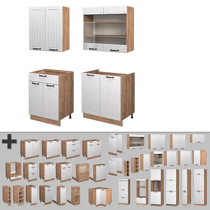 Vicco Singleküche Fame-Line Weiß Landhaus, AP Marmor - Breite: 140 cm, Weiß Landhaus, Mit AP Marmor - Kollektion modularer Küchenschränke mit weißen Fronten und heller Holzoptik.