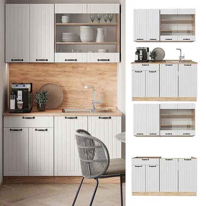 Vicco Singleküche Fame-Line Weiß Landhaus, AP Marmor - Breite: 140 cm, Weiß Landhaus, Mit AP Marmor - Weißer Küchenschrank-Set mit hellen Holzakzenten und schwarzen Griffen, bestehend aus Ober- und Unterschränken.