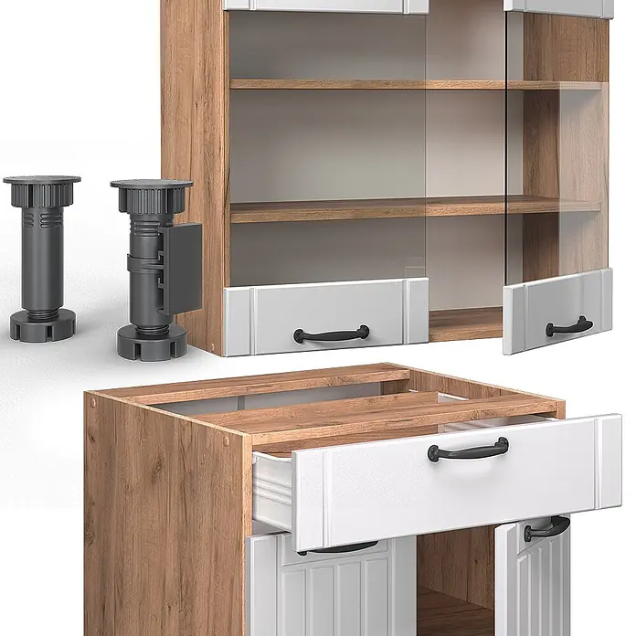 Vicco Singleküche Fame-Line Weiß Landhaus, AP Marmor - Breite: 140 cm, Weiß Landhaus, Mit AP Marmor - Modulare Küchenschrankelemente: Holz-Optik-Möbel mit weißen Schubladen-/Türfronten, schwarzen Griffen und verstellbaren dunkelgrauen Füßen zur Montage.