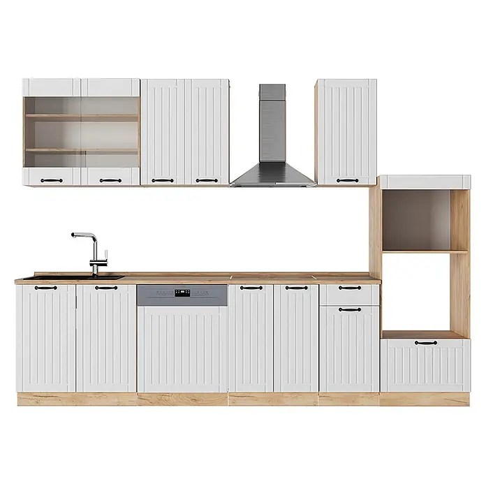 Vicco Küchenzeile Fame-Line Weiß Landhaus mit Hochschrank, AP Eiche - Breite: 300 cm, Weiß Landhaus, Ohne Elektrogeräte - Weiße Küchenzeile mit Holzelementen, schwarzen Griffen, integrierter Spüle, Geschirrspüler und Dunstabzugshaube.