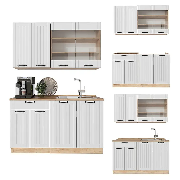 Vicco Singleküche Fame-Line Weiß Landhaus, AP Marmor - Breite: 140 cm, Weiß Landhaus, Mit AP Marmor - Weiße Küchenschränke mit Holzoptik-Arbeitsplatten und -Sockeln, schwarzen Griffen und einigen Oberteilen mit Glasfront.