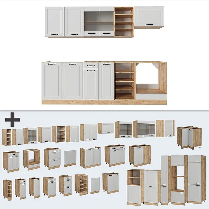 Vicco Küchenzeile R-Line Weiß Landhaus/Goldkraft Eiche, AP Eiche - Weiß Landhaus, Ohne Elektrogeräte - Modulares Küchenschranksystem in Weiß mit Holzdekor und schwarzen Griffen, inkl. offenen Regalen.
