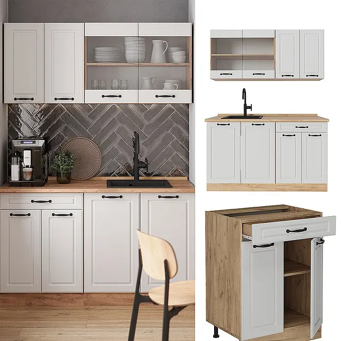 Vicco Singleküche R-Line Weiß Landhaus/Goldkraft Eiche, AP Eiche - Breite: 140 cm, Weiß Landhaus, Mit AP Eiche - Modulares Küchenschrank-Set in Weiß und heller Holzoptik mit schwarzen Griffen und Oberschränken mit Glasfront, in einer modernen Küche.