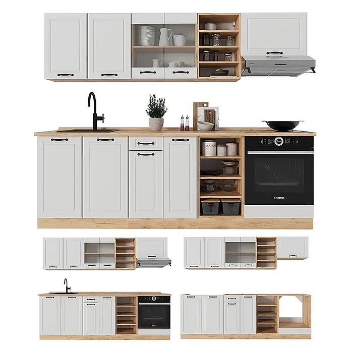 Vicco Küchenzeile R-Line Weiß Landhaus/Goldkraft Eiche, AP Eiche - Weiß Landhaus, Ohne Elektrogeräte - Weiße Modulküche mit hellen Holzakzenten. Enthält Schränke, offene Regale, Spüle und integrierten Backofen/Kochfeld.