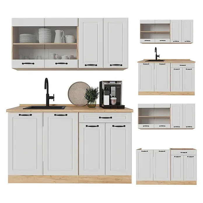 Vicco Singleküche R-Line Weiß Landhaus/Goldkraft Eiche, AP Marmor - Breite: 140 cm, Weiß Landhaus, Mit AP Marmor - Weiße Küchenschränke mit hellen Holzelementen, inklusive Oberschränken mit Regalen und Unterschränken mit Spüle, Wasserhahn und Kaffeemaschine.