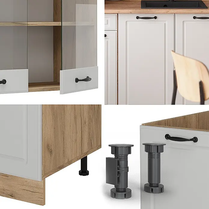 Vicco Singleküche R-Line Weiß Landhaus/Goldkraft Eiche, AP Marmor - Breite: 140 cm, Weiß Landhaus, Mit AP Marmor - Weiße Küchenschränke mit hellen Holzelementen, schwarzen Griffen und verstellbaren dunkelgrauen Kunststofffüßen für modulare Küchen.