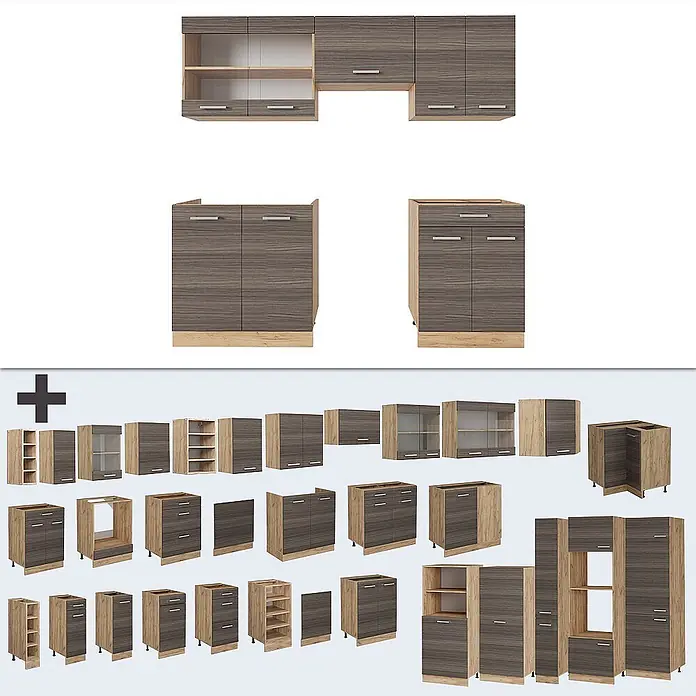 Vicco Küchenzeile R-Line Edelgrau/Goldkraft Eiche, AP Eiche - Breite: 200 cm, Edelgrau, Ohne Elektrogeräte - Modulare Küchenschränke und -module in dunkler Holzmaserung mit hellen Holzakzenten und silbernen Griffen.