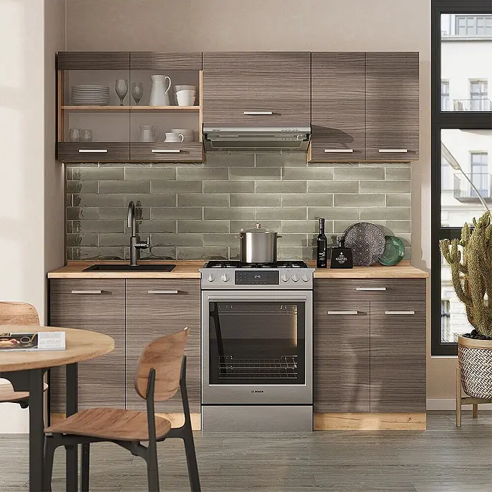 Vicco Küchenzeile R-Line Edelgrau/Goldkraft Eiche, AP Eiche - Breite: 200 cm, Edelgrau, Ohne Elektrogeräte - Moderne Küche mit dunklen Holzmaserungsschränken, hellen Arbeitsplatten und Edelstahlgeräten. Funktionales Design mit Essbereich.