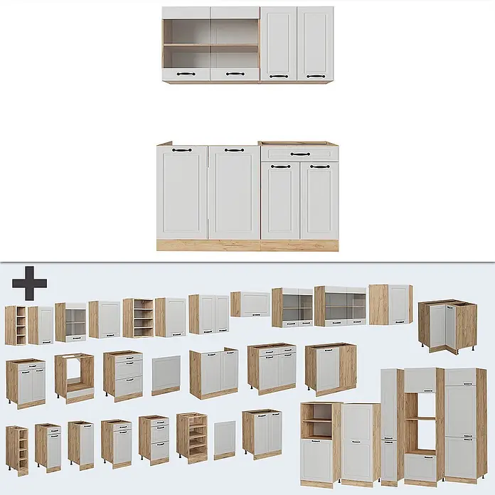 Vicco Singleküche R-Line Weiß Landhaus/Goldkraft Eiche, AP Marmor - Breite: 140 cm, Weiß Landhaus, Mit AP Marmor - Modulare Küchenschränke in Weiß mit hellen Holzdetails und schwarzen Griffen, verschiedene Einheiten.