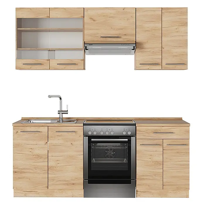 Vicco Küchenzeile Fame-Line Goldkraft Eiche, AP Eiche - Goldkraft Eiche, Ohne Elektrogeräte - Komplette Küchenzeile in heller Eichenoptik mit Spüle, Backofen, Kochfeld und Hängeschränken mit Dunstabzugshaube.