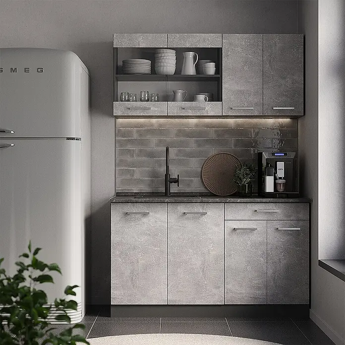 Vicco Singleküche R-Line Beton/Anthrazit, AP Anthrazit - Beton, Mit AP Anthrazit - Moderne graue Beton-Optik Küchenschränke mit Spüle und Geräten.