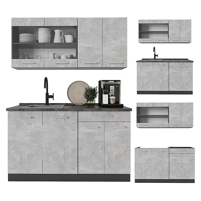 Vicco Singleküche R-Line Beton/Anthrazit, AP Anthrazit - Beton, Mit AP Anthrazit - Modulare Küchenschränke in hellgrauer Betonoptik, mit Hänge- und Unterschränken, Spüle, Wasserhahn und Kaffeemaschine.