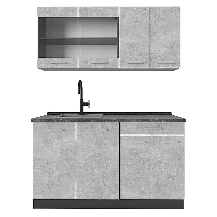 Vicco Singleküche R-Line Beton/Anthrazit, AP Anthrazit - Beton, Mit AP Anthrazit - Helle graue Küchenzeile mit Betonoptik, schwarzer Arbeitsplatte, Spüle und Hängeschränken.