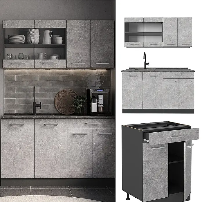 Vicco Singleküche R-Line Beton/Anthrazit, AP Anthrazit - Beton, Mit AP Anthrazit - Modulare Küchenschrank-Set im grauen Beton-Look. Enthält Ober- und Unterschränke mit Schubladen und Türen zur Aufbewahrung.
