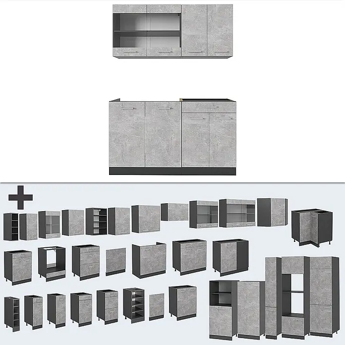 Vicco Singleküche R-Line Beton/Anthrazit, AP Anthrazit - Beton, Mit AP Anthrazit - Modulares Küchenschrank-Set mit hellgrauen Steinoptik-Fronten und dunkelgrauen Rahmen, verschiedene Einheiten.