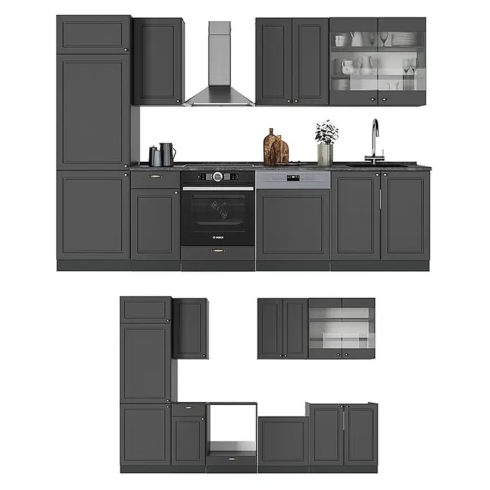 Vicco Küchenzeile Fame-Line Anthrazit-Gold Landhaus, AP Eiche - Breite: 300 cm, Anthrazit-Gold Landhaus, Ohne Elektrogeräte - Modulares, dunkelgraues Küchenschrankset mit Messinggriffen, integriertem Backofen, Geschirrspüler, Spüle und Dunstabzugshaube.