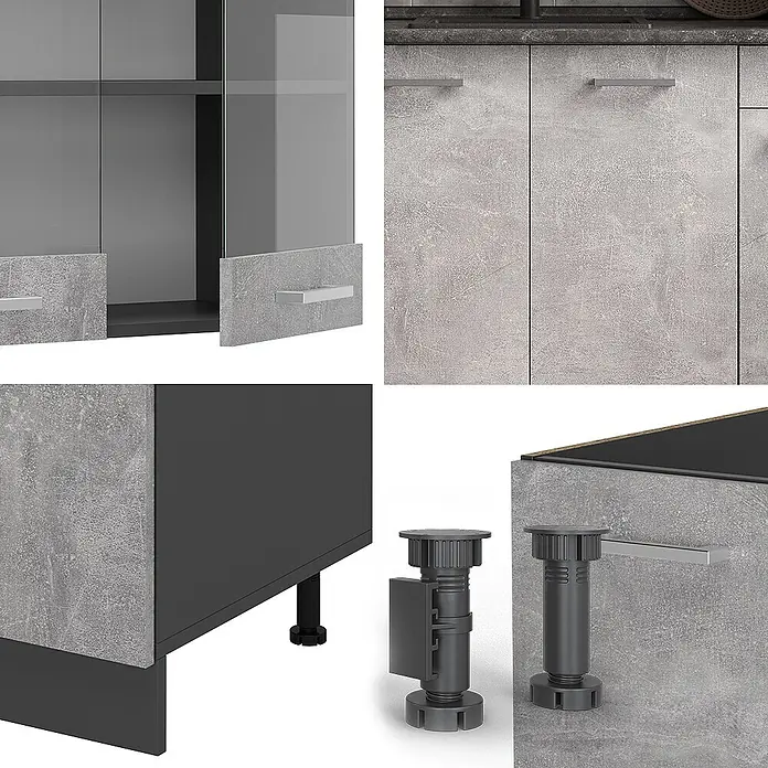 Vicco Singleküche R-Line Beton/Anthrazit, AP Anthrazit - Beton, Mit AP Anthrazit - Küchenschranksystem in Betonoptik mit dunkelgrauen Elementen, silbernen Griffen, Glastüren und verstellbaren Füßen.