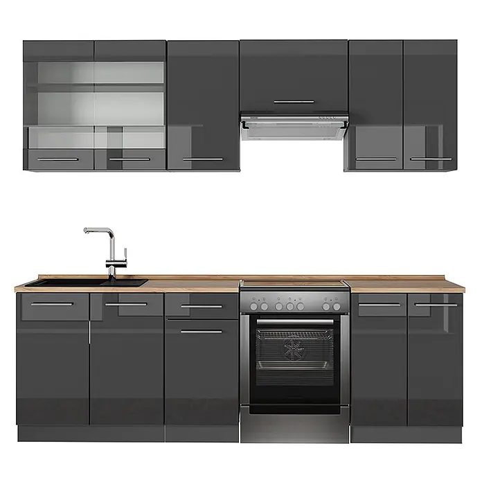 Vicco Küchenzeile Fame-Line Anthrazit Hochglanz, AP Eiche - Anthrazit Hochglanz, Ohne Elektrogeräte - Moderne dunkelgraue Hochglanz-Küchenschränke mit heller Holzplatte, Spüle, Armatur und integriertem Backofen/Herd.