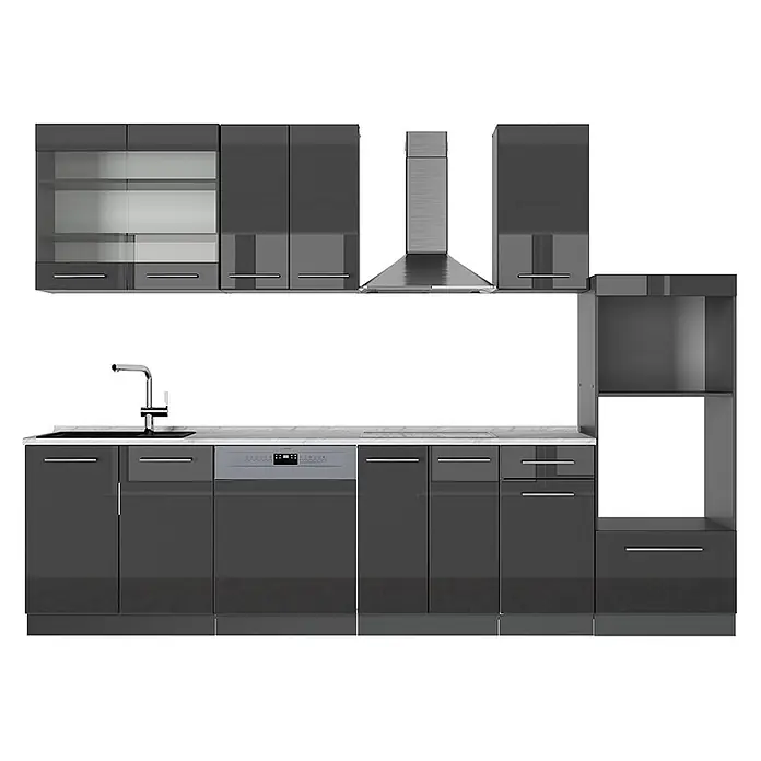 Vicco Küchenzeile Fame-Line Anthrazit Hochglanz mit Hochschrank, AP Marmor - Breite: 300 cm, Anthrazit Hochglanz, Ohne Elektrogeräte - Moderne anthrazit glänzende Küche mit Edelstahlgeräten, Spüle und vielfältigen Schränken, teils mit Glastüren, teils offen.