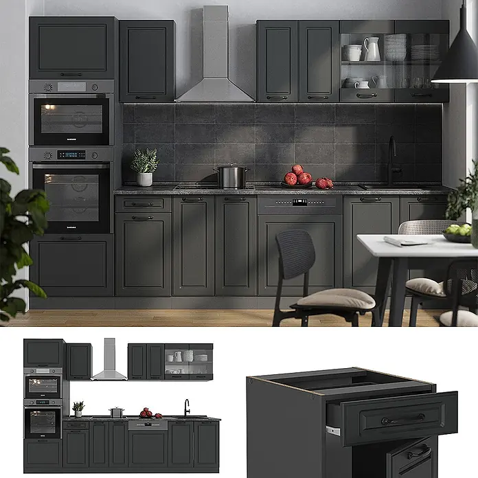 Vicco Küchenzeile R-Line Anthrazit Landhaus/Anthrazit mit Hochschrank,ohne Arbeitsplatte - Breite: 300 cm, Anthrazit Landhaus, Ohne Elektrogeräte - Dunkelgraue modulare Küchenschrank-Set mit integrierten Geräten in einer modernen Küche.