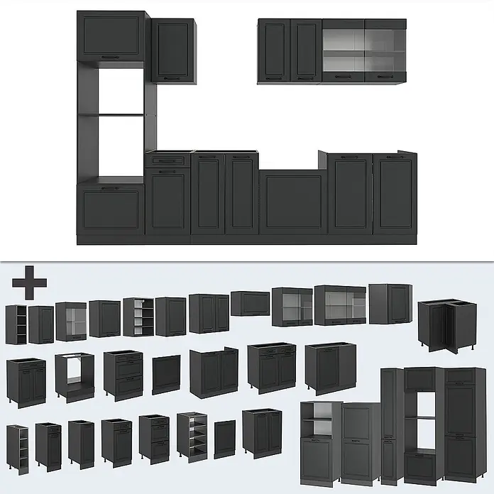 Vicco Küchenzeile R-Line Anthrazit Landhaus/Anthrazit mit Hochschrank,ohne Arbeitsplatte - Breite: 300 cm, Anthrazit Landhaus, Ohne Elektrogeräte - Modulares Küchenschranksystem in Dunkelgrau mit verschiedenen Unter-, Ober- und Hochschränken.