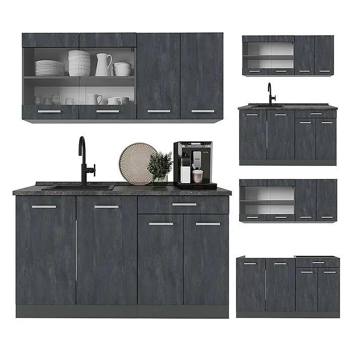 Vicco Singleküche R-Line Schwarz Beton/Anthrazit AP Marmor - Breite: 140 cm, Schwarz Beton, Mit AP Marmor - Dunkelgraue, texturierte modulare Küchenschränke mit silbernen Griffen, bestehend aus Ober- und Unterschränken, teils mit Glastüren, und integrierter Spüle.