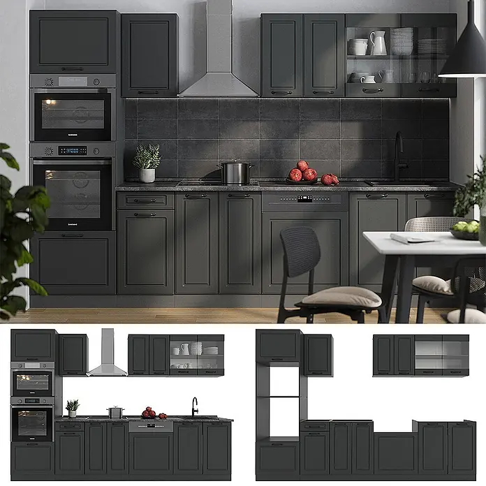 Vicco Küchenzeile R-Line Anthrazit Landhaus/Anthrazit mit Hochschrank,ohne Arbeitsplatte - Breite: 300 cm, Anthrazit Landhaus, Ohne Elektrogeräte - Dunkelgraue Küchenschrank-Garnitur mit integrierten Öfen und Geschirrspüler in moderner Küche.