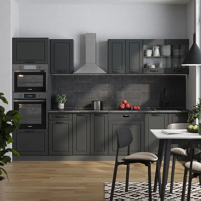 Vicco Küchenzeile R-Line Anthrazit Landhaus/Anthrazit mit Hochschrank,ohne Arbeitsplatte - Breite: 300 cm, Anthrazit Landhaus, Ohne Elektrogeräte - Moderne dunkelgraue Küche mit integrierten Doppelöfen, Geschirrspüler und Dunstabzugshaube aus Edelstahl.