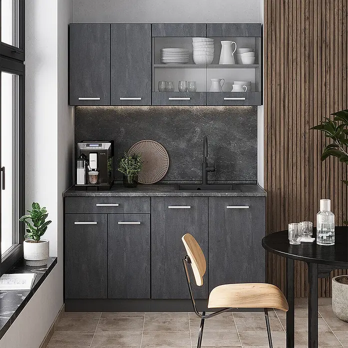 Vicco Schrankküche R-Line Schwarz Beton mit 2 Schubladen - Schwarz Beton, Dachschrägenschrank 60cm mit Schublade - Moderne dunkelgraue Küchenschrank-Garnitur mit Ober- und Unterschränken, integrierter Spüle.