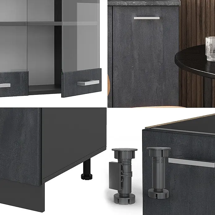 Vicco Singleküche R-Line Schwarz Beton/Anthrazit AP Marmor - Breite: 140 cm, Schwarz Beton, Mit AP Marmor - Dunkelgrauer strukturierter Möbelschrank mit Glastüren, silbernen Griffen und verstellbaren Füßen.