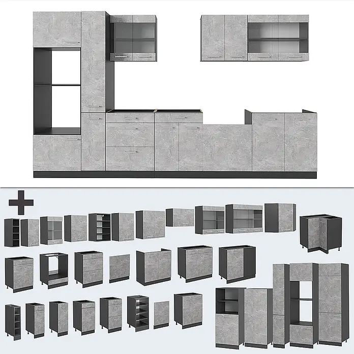 Vicco Küchenzeile R-Line Beton/Anthrazit, AP Anthrazit - Breite: 350 cm, Beton, Ohne Elektrogeräte - Modulare Küchenzeile mit hellgrauen Beton-Optik Schränken und dunkelgrauen Akzenten, inklusive Unter-, Ober- und Hochschränken, Glastüren und offenen Regalen.