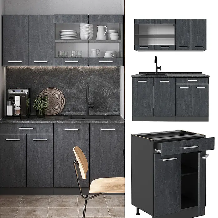 Vicco Singleküche R-Line Schwarz Beton/Anthrazit AP Marmor - Breite: 140 cm, Schwarz Beton, Mit AP Marmor - Dunkelgraue texturierte modulare Küchenschränke mit Glastüren, installiert mit Spüle und als Einzelmodule gezeigt.