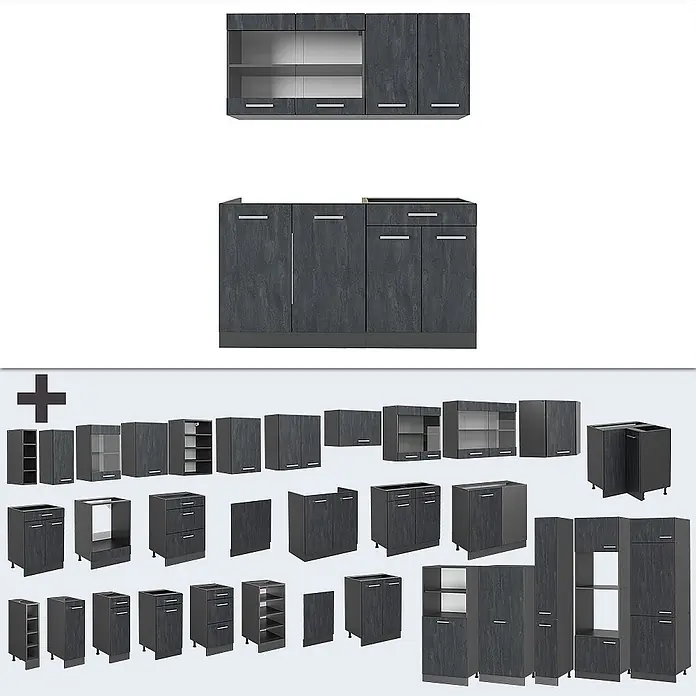 Vicco Singleküche R-Line Schwarz Beton/Anthrazit AP Marmor - Breite: 140 cm, Schwarz Beton, Mit AP Marmor - Modulares Küchenschranksystem in Dunkelgrau mit verschiedenen Ober-, Unter- und Hochschränken, teils mit Glastüren und Schubladen.