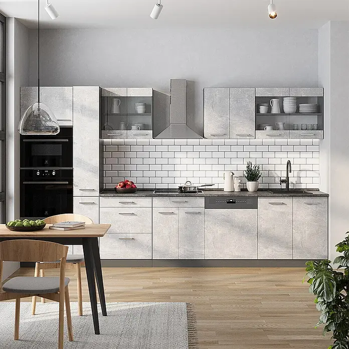 Vicco Küchenzeile R-Line Beton/Anthrazit, AP Anthrazit - Breite: 350 cm, Beton, Ohne Elektrogeräte - Moderne Küche mit hellgrauen, Beton-Optik-Schränken, schwarzen Arbeitsplatten und weißem U-Bahn-Fliesen-Spritzschutz, integrierte Geräte.