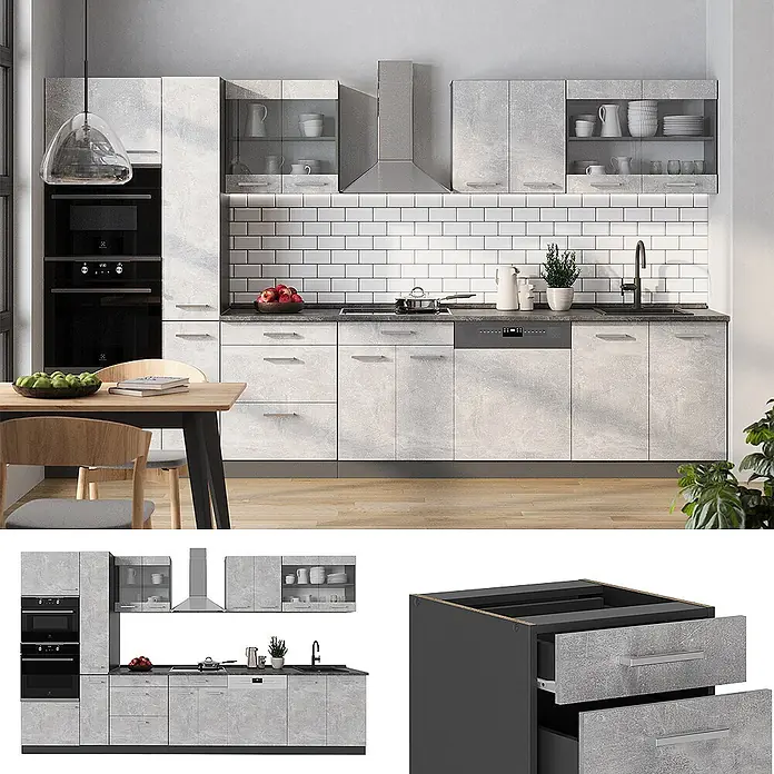 Vicco Küchenzeile R-Line Beton/Anthrazit, AP Anthrazit - Breite: 350 cm, Beton, Ohne Elektrogeräte - Moderne Küche mit grauen Betonoptik-Schränken, schwarzen Arbeitsplatten, integrierten Geräten und Essbereich.
