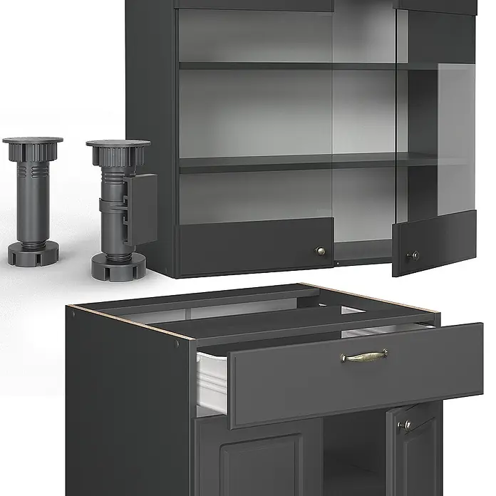 Vicco Singleküche Fame-Line, Anthrazit-Gold Landhaus, 140 cm -  - Dunkelgraue modulare Küchenschränke mit Glas-Oberschrank, Unterschrank mit offener Schublade und zwei verstellbaren Möbelbeinen.