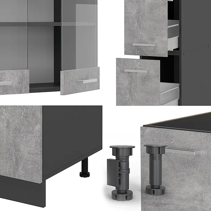 Vicco Küchenzeile R-Line Beton/Anthrazit, AP Anthrazit - Breite: 350 cm, Beton, Ohne Elektrogeräte - Modulares Schrankelement in Betonoptik und Dunkelgrau mit Glastüren, silbernen Griffen und verstellbaren Füßen.