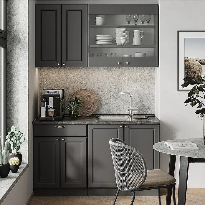 Vicco Singleküche Fame-Line, Anthrazit-Gold Landhaus, 140 cm -  - Moderne dunkelgraue Küchenschränke mit oberen Vitrinen und Unterschränken, inklusive Spüle und Kaffeemaschinenbereich.